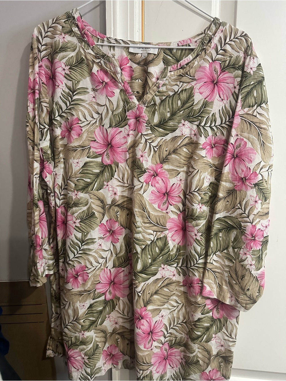 Coral Bay Pink and Green Floral V-Neck Long Sleeve